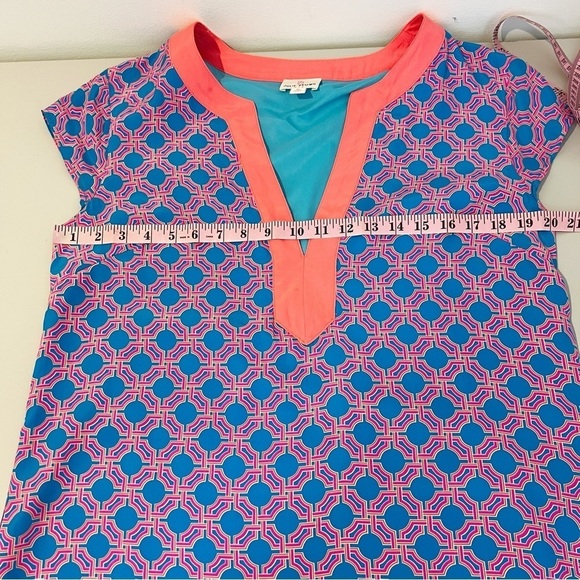 Julie Brown Silk Dress size 10 pink blue geometric lined - Picture 7 of 8